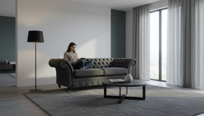 Divano di lusso nero in tessuto a due posti per il soggiorno Chesterfield