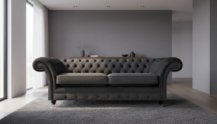 Divano di lusso nero in tessuto a due posti per il soggiorno Chesterfield