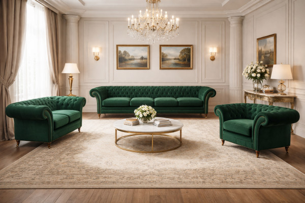 Mobili imbottiti Verde Divani Poltrone Chesterfield Salotto 4+2+1 Set di divani