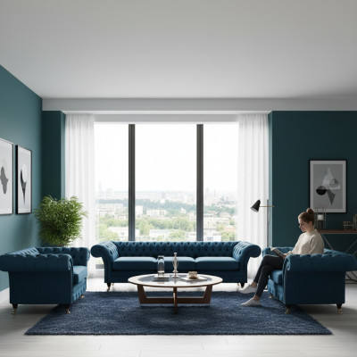 Set da soggiorno di lusso blu Chesterfield con mobili imbottiti tessili.