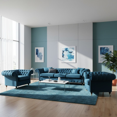 Set da soggiorno di lusso blu Chesterfield con mobili imbottiti tessili.