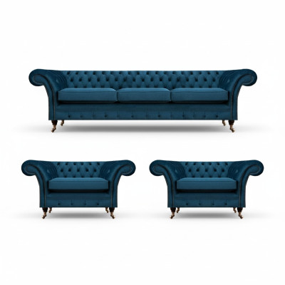 Set da soggiorno di lusso blu Chesterfield con mobili imbottiti tessili.