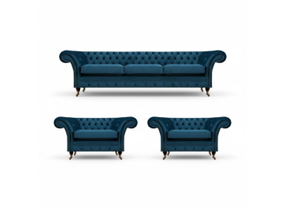 Set da soggiorno di lusso blu Chesterfield con mobili imbottiti tessili.