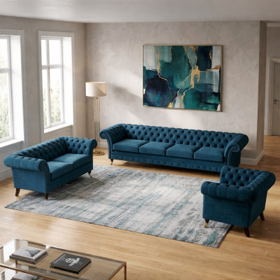 Divani di design Chesterfield Set per soggiorno, divano insieme poltrone imbottite. 4 posti + 2 posti + 1 posto.