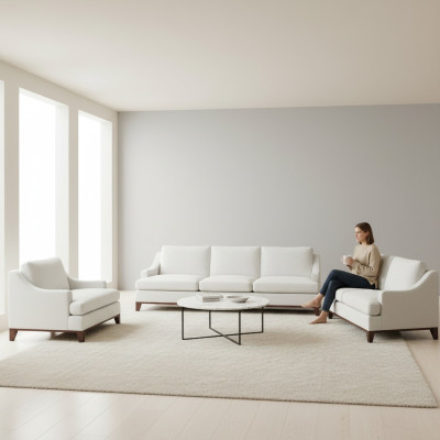 Set di divani bianchi di lusso per soggiorno con poltrone, arredamento completo.