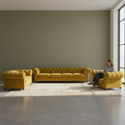 Giallo di lusso completo 4+2+1 poltrona soggiorno Chesterfield in tessuto.