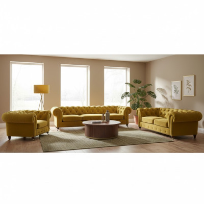 Giallo di lusso completo 4+2+1 poltrona soggiorno Chesterfield in tessuto.