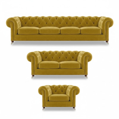 Giallo di lusso completo 4+2+1 poltrona soggiorno Chesterfield in tessuto.
