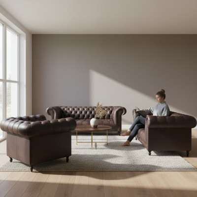 Set soggiorno 3 pezzi pelle marrone arredamento mobili imbottiti Chesterfield nuovo