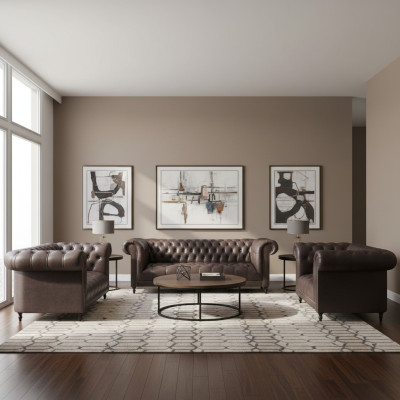 Set soggiorno 3 pezzi pelle marrone arredamento mobili imbottiti Chesterfield nuovo