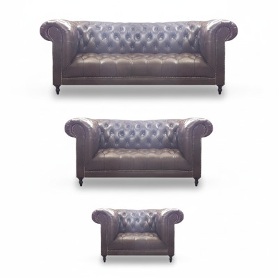 Set soggiorno 3 pezzi pelle marrone arredamento mobili imbottiti Chesterfield nuovo