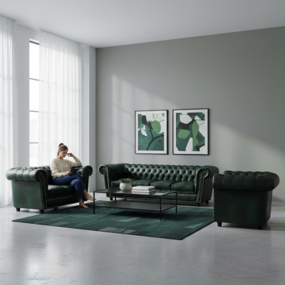 Divano in pelle di lusso, set completo di divani 3 pezzi Chesterfield, poltrona da soggiorno 4+2+1