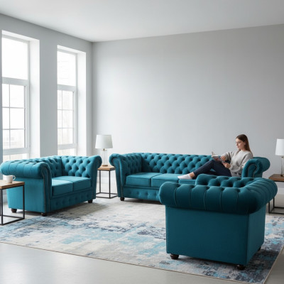 Blu Nuovo Set Divano 3 pezzi Moderno Tessuto Chesterfield Salotto Completo