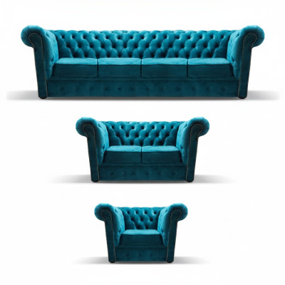 Blu Nuovo Set Divano 3 pezzi Moderno Tessuto Chesterfield Salotto Completo