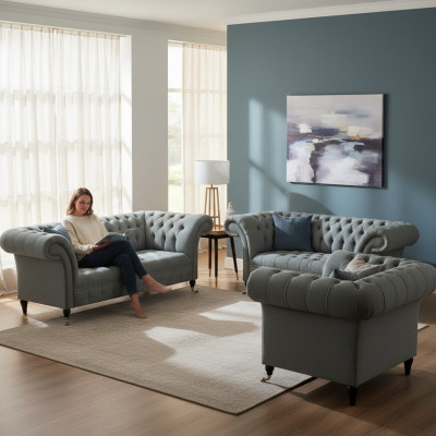 Chesterfield Grigio Set di divani di lusso 3 pezzi Soggiorno Moderno Arredamento