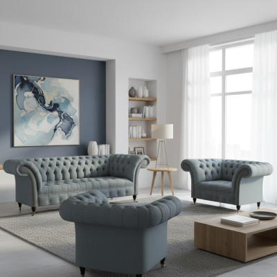 Chesterfield Grigio Set di divani di lusso 3 pezzi Soggiorno Moderno Arredamento