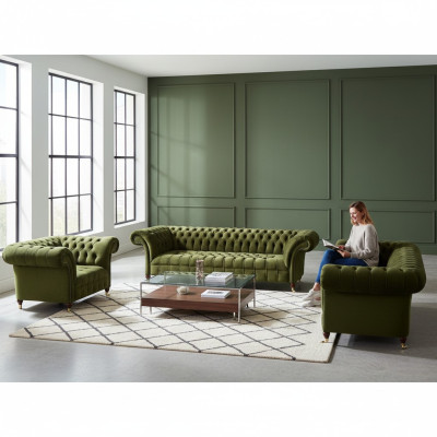 Set di divani completamente verdi, divano in tessuto di lusso Chesterfield.