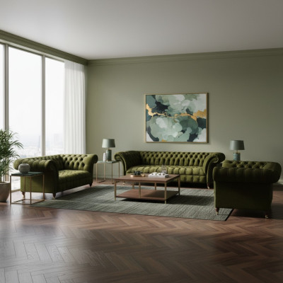 Set di divani completamente verdi, divano in tessuto di lusso Chesterfield.