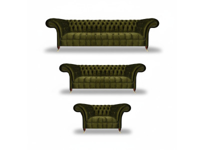 Set di divani completamente verdi, divano in tessuto di lusso Chesterfield.