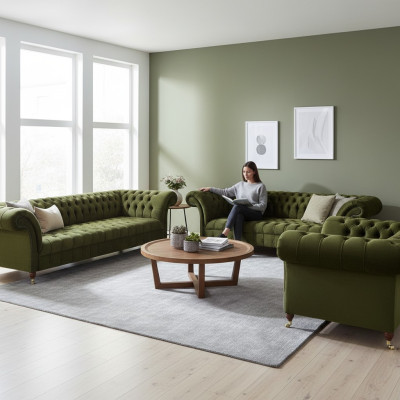 Chesterfield Verde Set di divani in tessuto di lusso per soggiorno nuovo.
