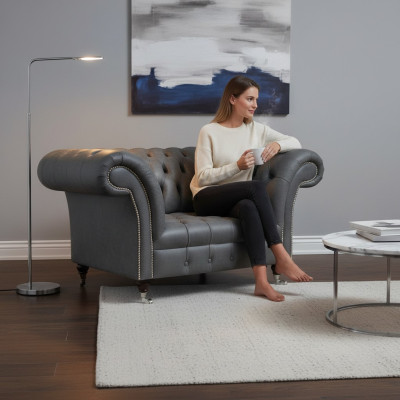 Chesterfield Poltrona Moderna Grigia Designer Soggiorno Sedia da Salotto di Alta Qualità.