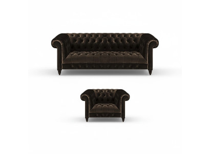 Marrone Chesterfield set di imbottiti da designer a 3 posti in tessuto con poltrona a 2 pezzi.