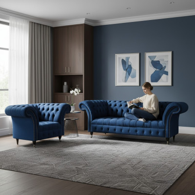 Blaue Chesterfield set poltrona tre posti in stoffa da designer, 2 pezzi.