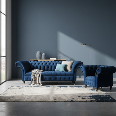 Blaue Chesterfield set poltrona tre posti in stoffa da designer, 2 pezzi.