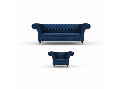 Blaue Chesterfield set poltrona tre posti in stoffa da designer, 2 pezzi.
