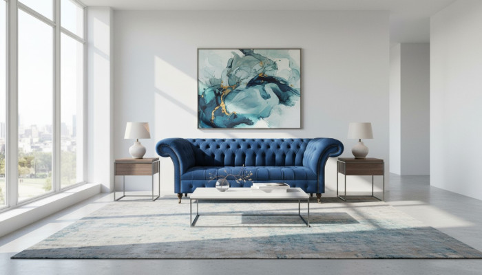 Divano Chesterfield blu scuro per il soggiorno, design a tre posti.