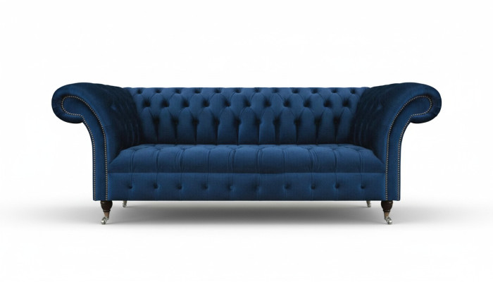 Divano Chesterfield blu scuro per il soggiorno, design a tre posti.
