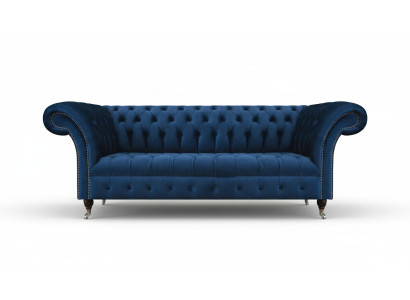 Divano Chesterfield blu scuro per il soggiorno, design a tre posti.