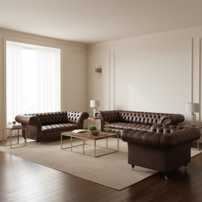 Divano in pelle Chesterfield marrone per il soggiorno con divano a 4 posti, divano a 2 posti e poltrona.