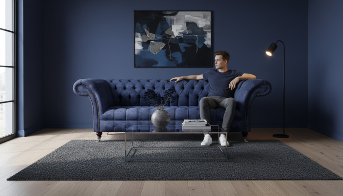 Divano Chesterfield blu scuro, divano imbottito in tessuto.
