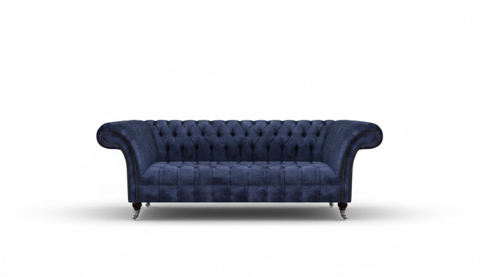 Divano Chesterfield blu scuro, divano imbottito in tessuto.