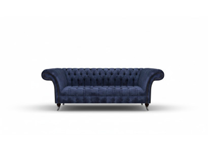 Divano Chesterfield blu scuro, divano imbottito in tessuto.