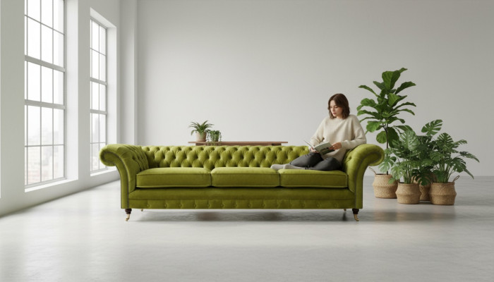 Chesterfield divano imbottito verde oliva con funzione letto divano arredamento salotto.