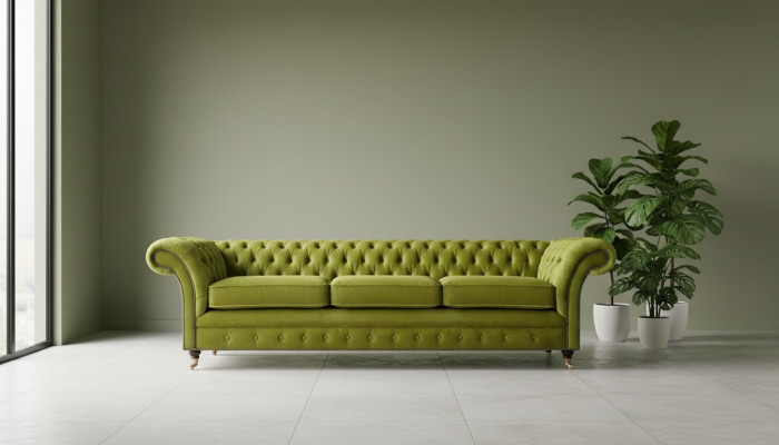 Chesterfield divano imbottito verde oliva con funzione letto divano arredamento salotto.