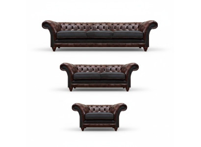 Chesterfield  Divano in pelle marrone-grigio set completo da designer 3 pezzi