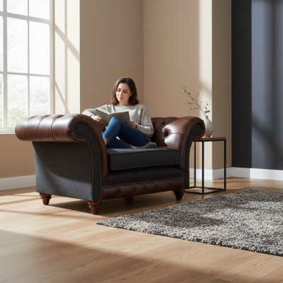 Chesterfield poltrona marrone-grigio in camera da letto moderna a un posto, mobili eleganti.