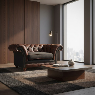 Chesterfield poltrona marrone-grigio in camera da letto moderna a un posto, mobili eleganti.