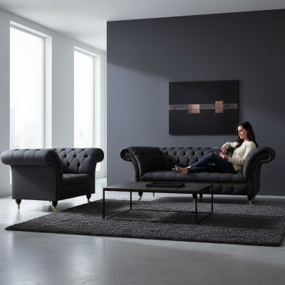 Chesterfield Set in tessuto nero, design poltrona imbottita a 3 posti, 2 pezzi