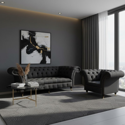 Chesterfield Set in tessuto nero, design poltrona imbottita a 3 posti, 2 pezzi
