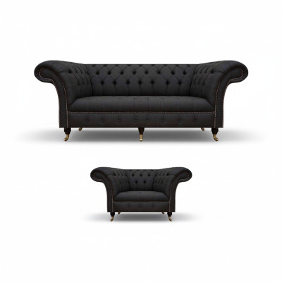 Chesterfield Set in tessuto nero, design poltrona imbottita a 3 posti, 2 pezzi