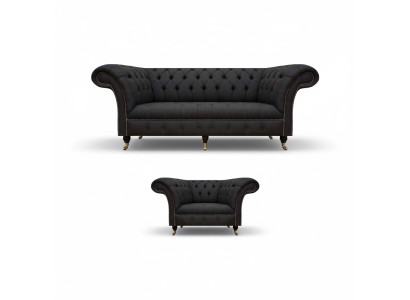 Chesterfield Set in tessuto nero, design poltrona imbottita a 3 posti, 2 pezzi