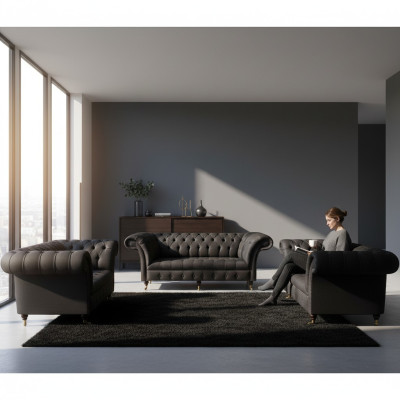 Chesterfield divani soggiorno neri Completo 3 pezzi Schwarz Couchen Set