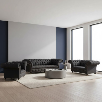 Chesterfield divani soggiorno neri Completo 3 pezzi Schwarz Couchen Set