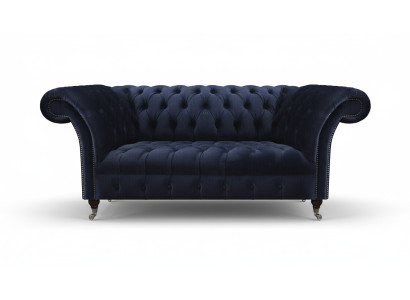 Divano imbottito Chesterfield blu scuro in tessuto per soggiorno, mobili moderni.