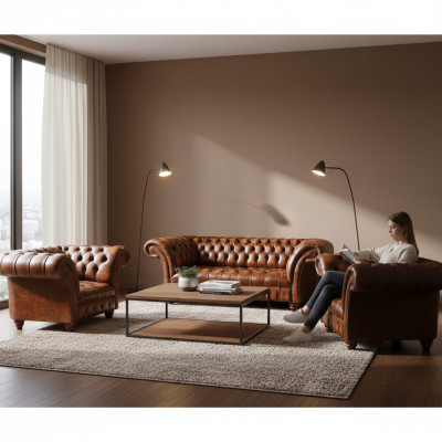 Soggiorno Chesterfield marrone Suite 2 poltrone in pelle 3 posti di alta qualità