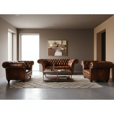 Soggiorno Chesterfield marrone Suite 2 poltrone in pelle 3 posti di alta qualità